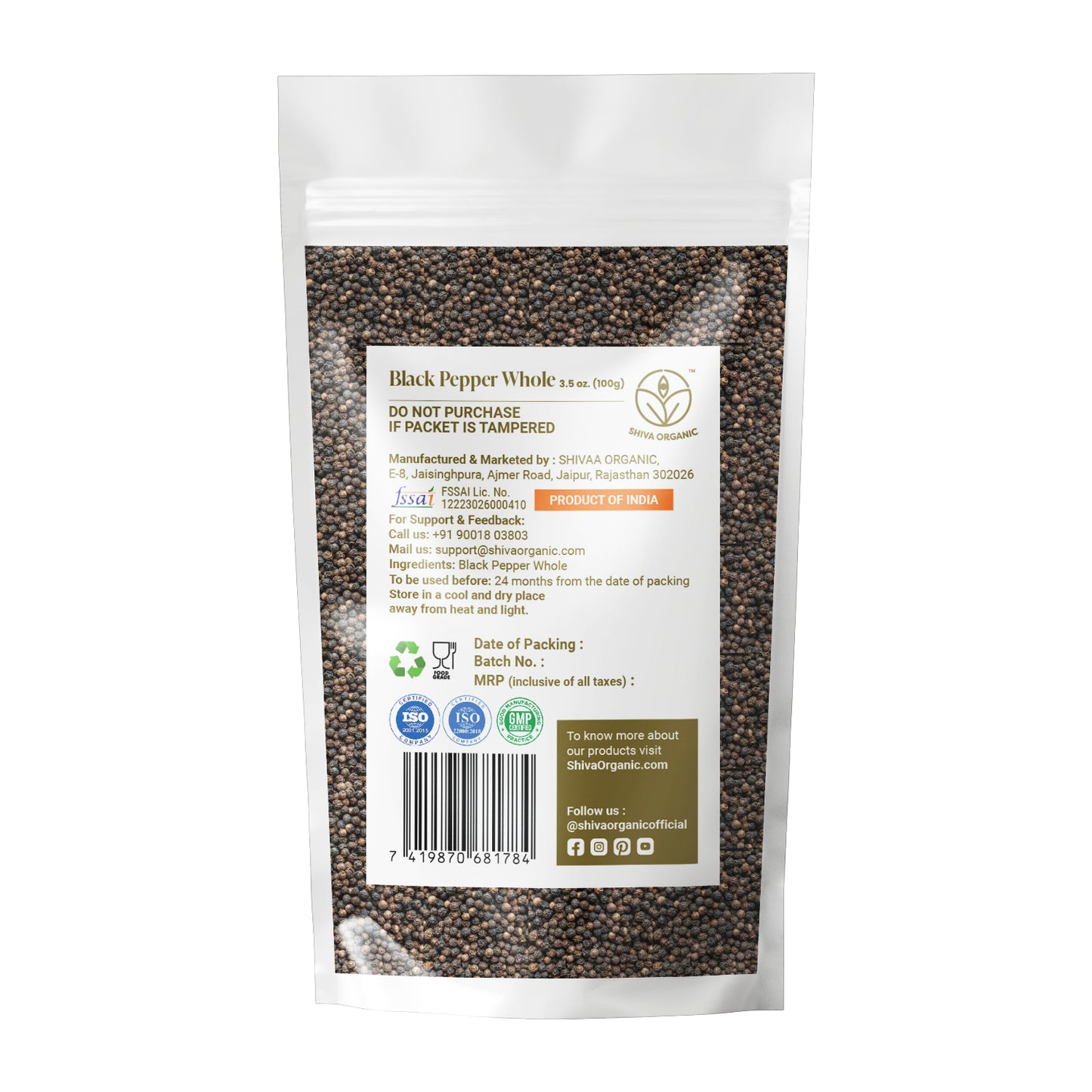 Black Pepper Whole 100g | Shiva Organic